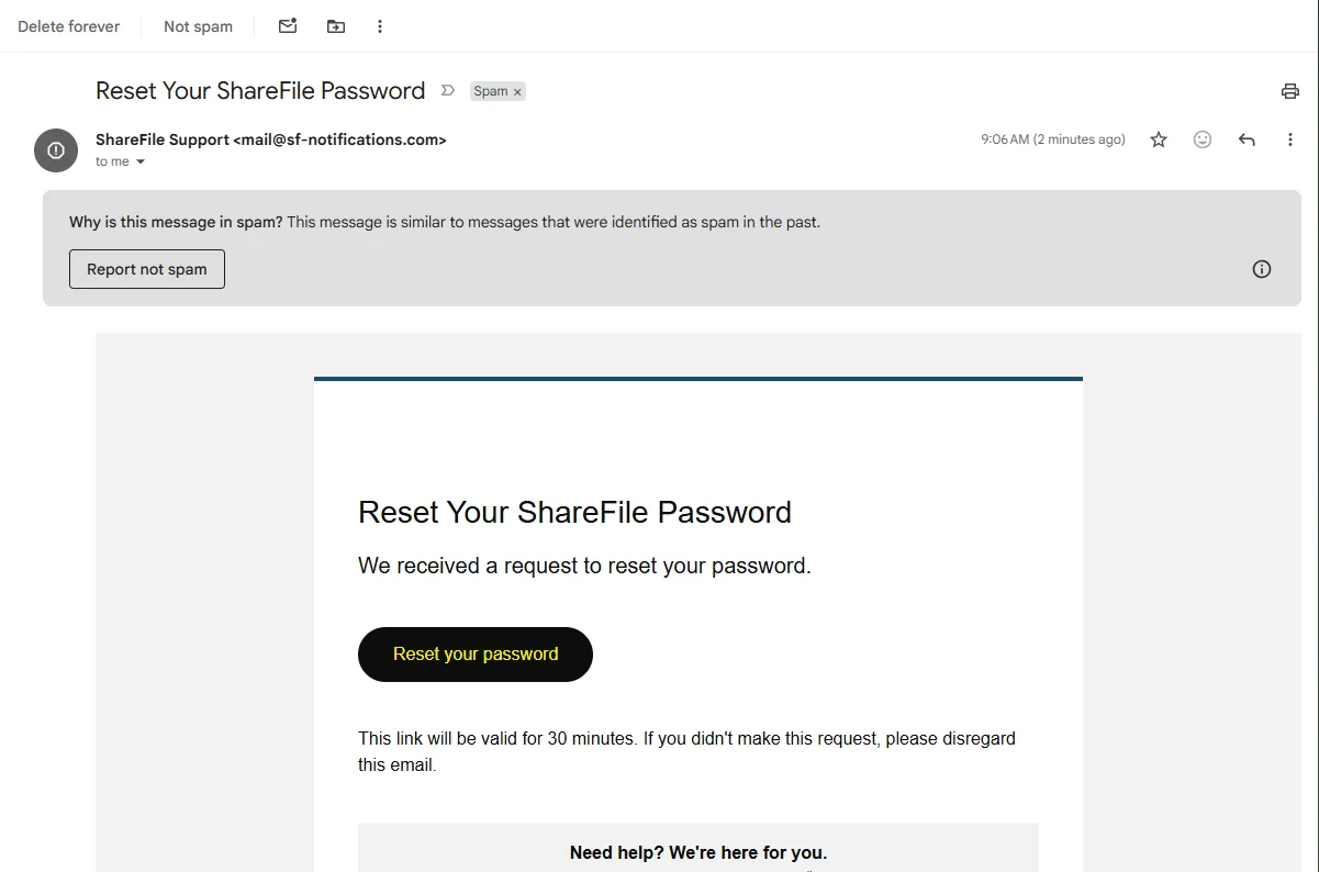 Reset Your ShareFile Password email with the Reset your password button